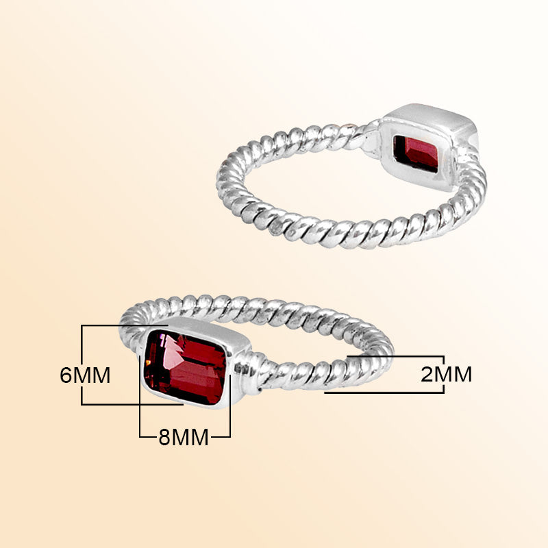 Sterling silver eternal rope ring with rectangular Garnet Quartz, handcrafted in Bali.