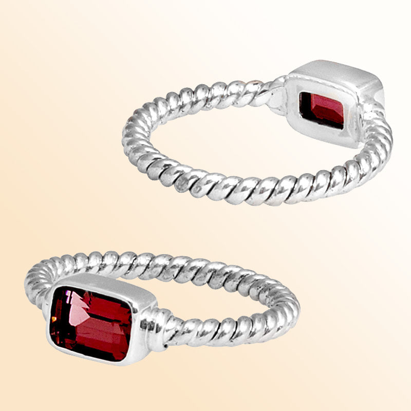 Sterling silver eternal rope ring with rectangular Garnet Quartz, handcrafted in Bali.