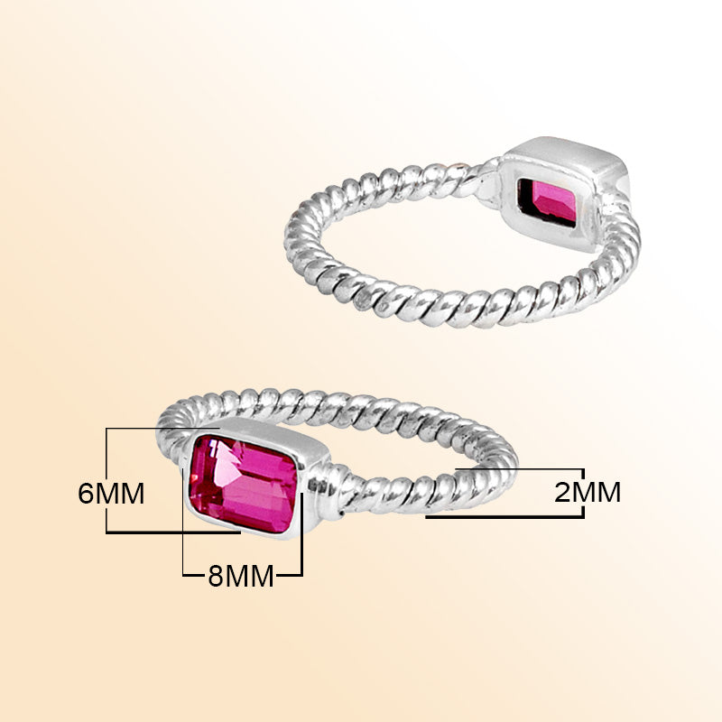 Sterling silver grace rope ring with rectangular Pink Quartz, handcrafted in Bali.