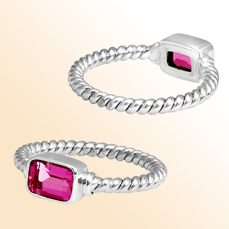Sterling silver grace rope ring with rectangular Pink Quartz, handcrafted in Bali.