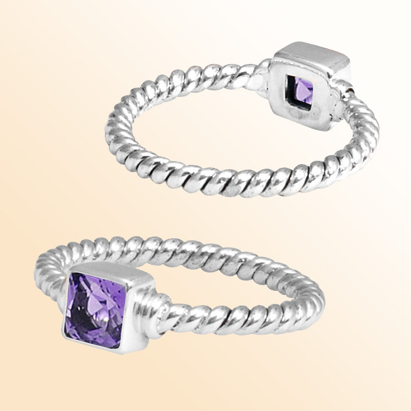 Sterling silver harmony rope ring with square Amethyst Quartz, handcrafted in Bali.