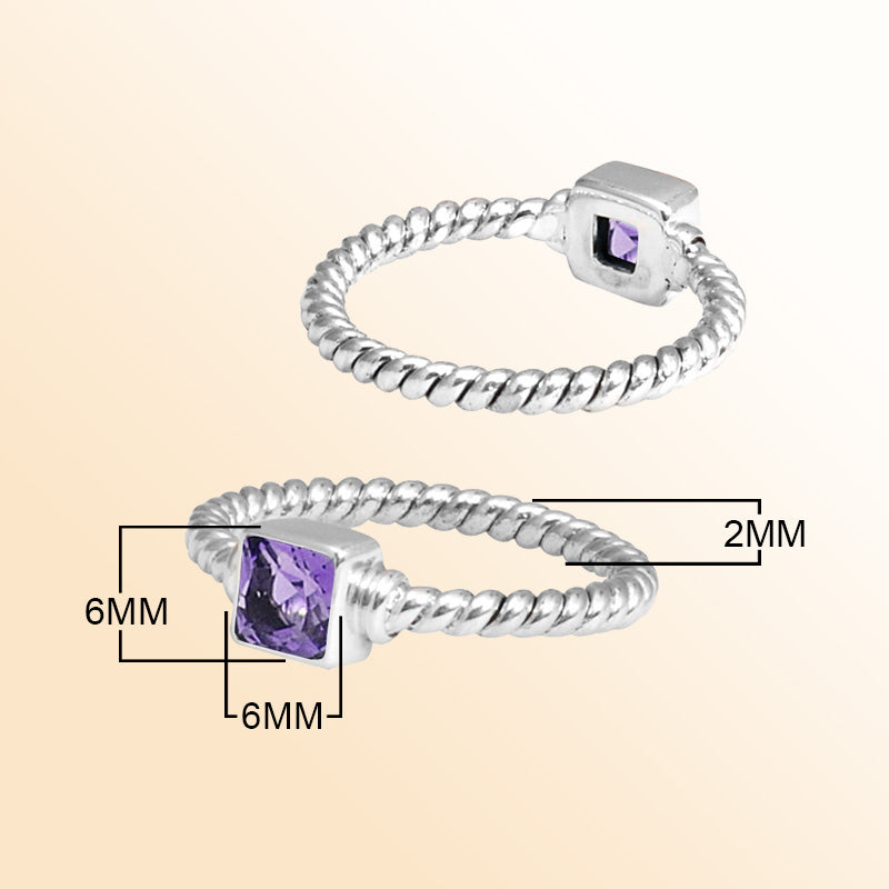 Sterling silver harmony rope ring with square Amethyst Quartz, handcrafted in Bali.