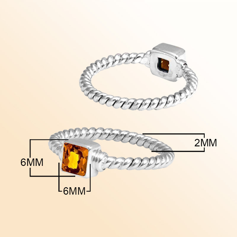 Sterling silver radiance rope ring with square Citrine Quartz, handcrafted in Bali.