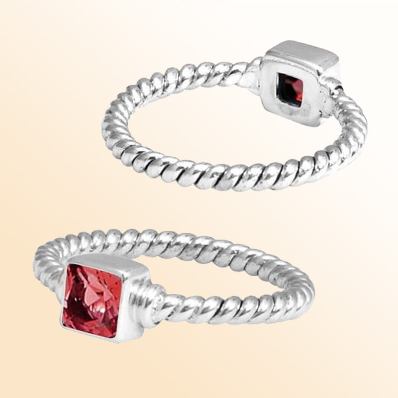 Sterling silver passion rope ring with square Garnet Quartz, handcrafted in Bali.