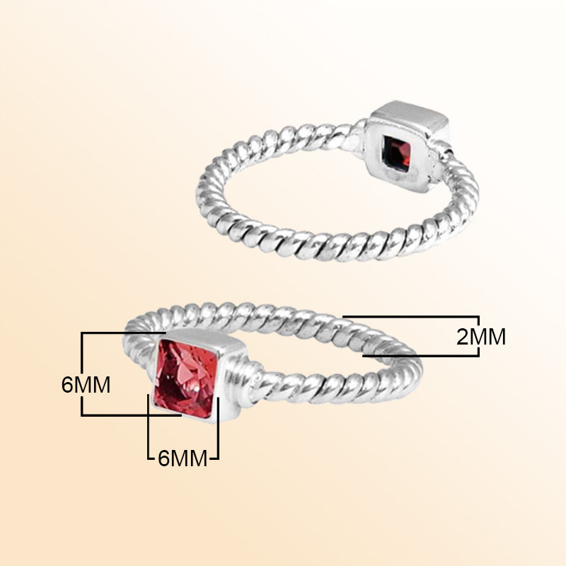 Sterling silver passion rope ring with square Garnet Quartz, handcrafted in Bali.