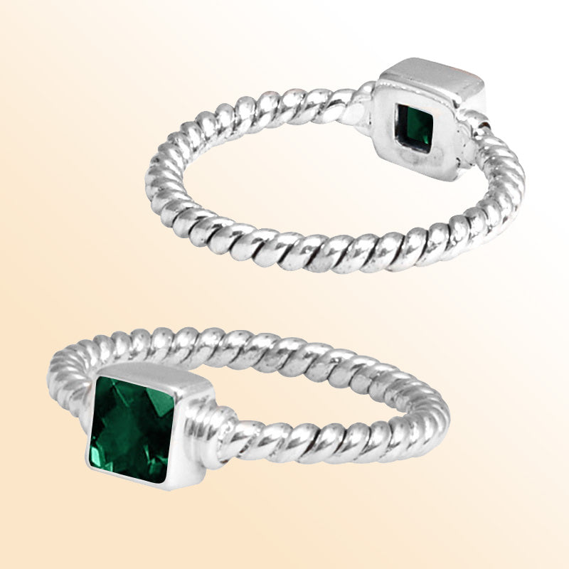 Sterling silver bloom rope ring with square Green Quartz, handcrafted in Bali.