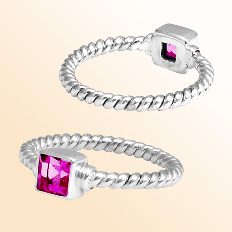 Sterling silver blossom rope ring with square Pink Quartz, handcrafted in Bali.