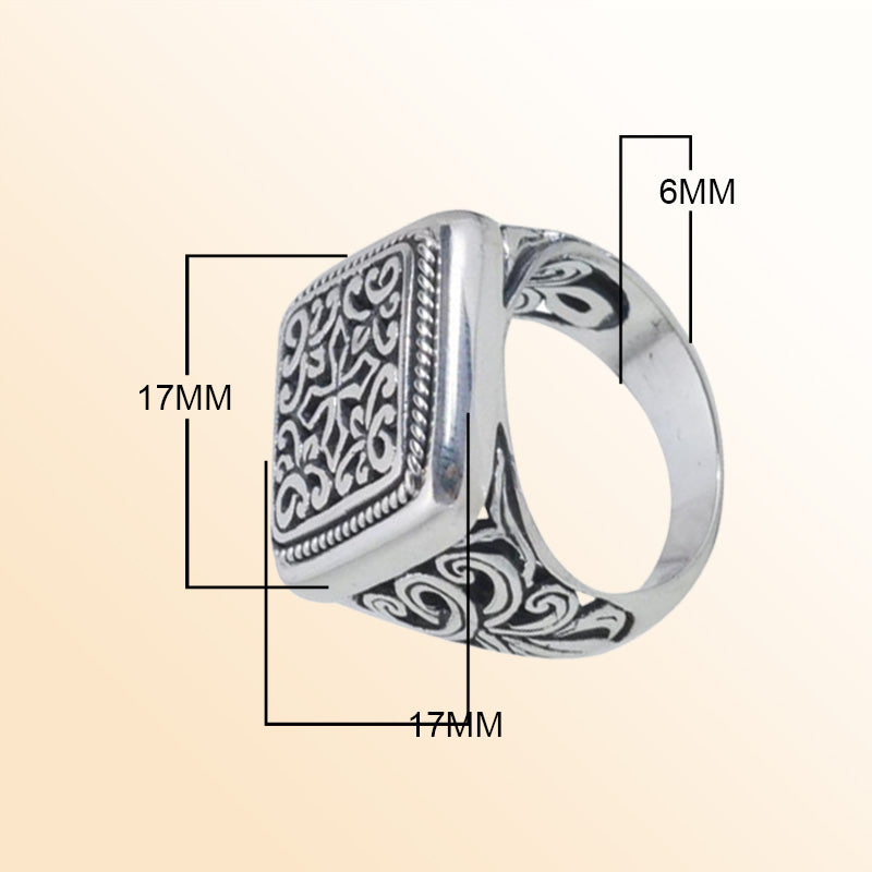 Sterling silver scrollwork heritage ring for men with rectangular engraved design, handcrafted in Bali.