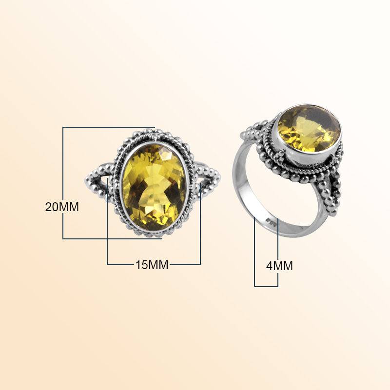 Sterling Silver Lemon Quartz Radiant Beaded Ring Handcrafted in Bali with Oxidized Finish