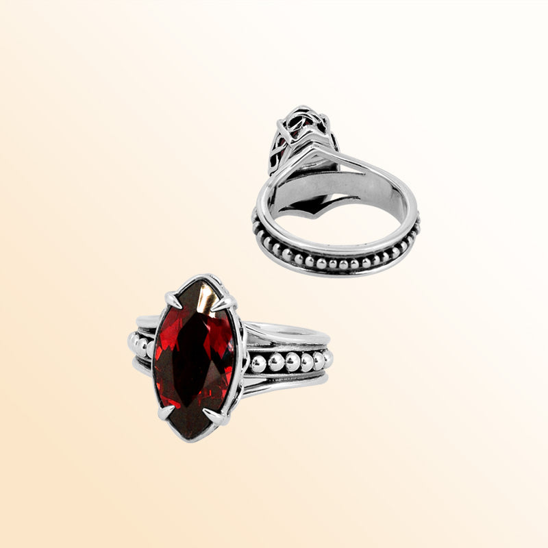 Sterling Silver Ring With Garnet Quartz Marquise Cut & Beaded Band Design Handcrafted In Bali