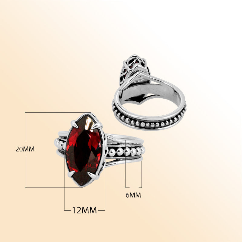 Sterling Silver Ring With Garnet Quartz Marquise Cut & Beaded Band Design Handcrafted In Bali