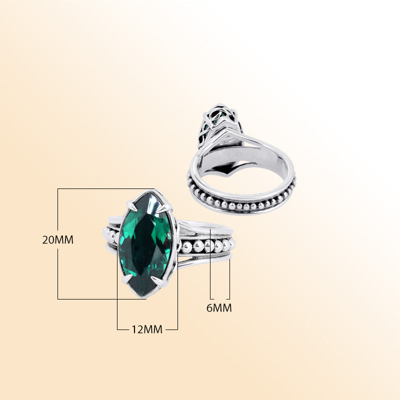 Sterling Silver Ring With Green Quartz Marquise Cut & Beaded Band Design Handcrafted In Bali