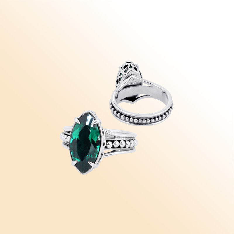 Sterling Silver Ring With Green Quartz Marquise Cut & Beaded Band Design Handcrafted In Bali