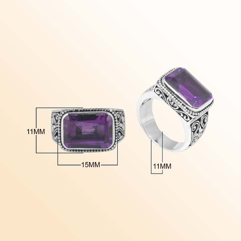 Sterling Silver Ring With Amethyst Quartz Rectangular Cut & Balinese Scroll Design Handcrafted In Bali