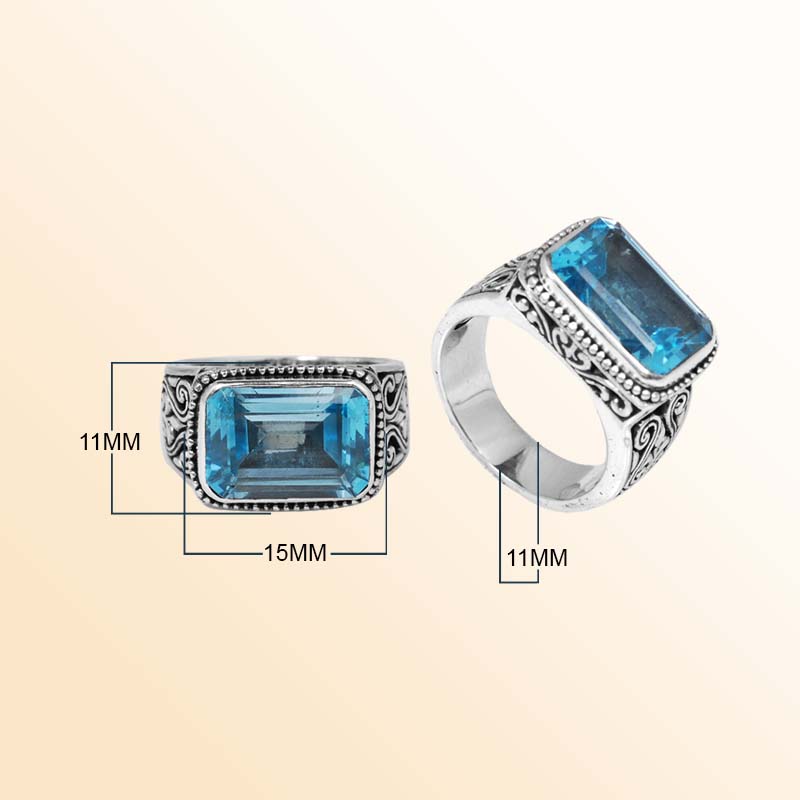 Sterling Silver Ring With Blue Topaz Quartz Rectangular Cut & Balinese Scroll Design Handcrafted In Bali