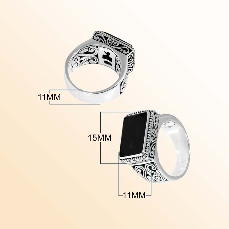 Sterling Silver Ring With Black Onyx Rectangular Cabochon & Balinese Scroll Design Handcrafted In Bali