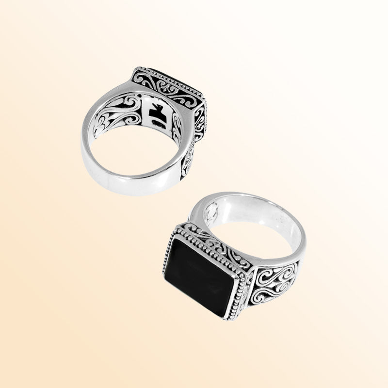 Sterling Silver Ring With Black Onyx Rectangular Cabochon & Balinese Scroll Design Handcrafted In Bali
