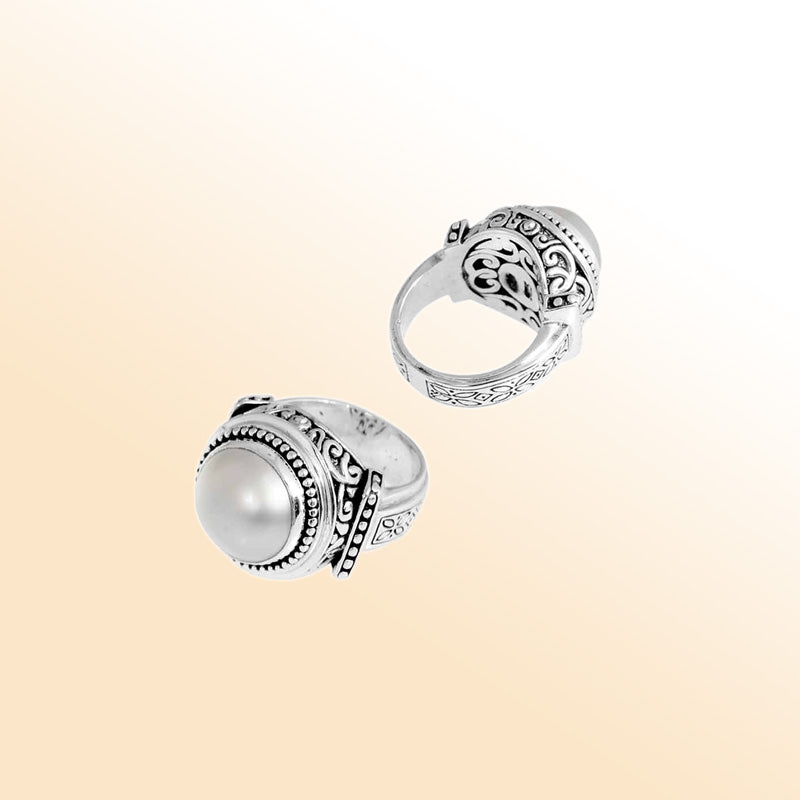 Sterling Silver Ring With Mother Of Pearl Round Cabochon & Balinese Beaded Design Handcrafted In Bali