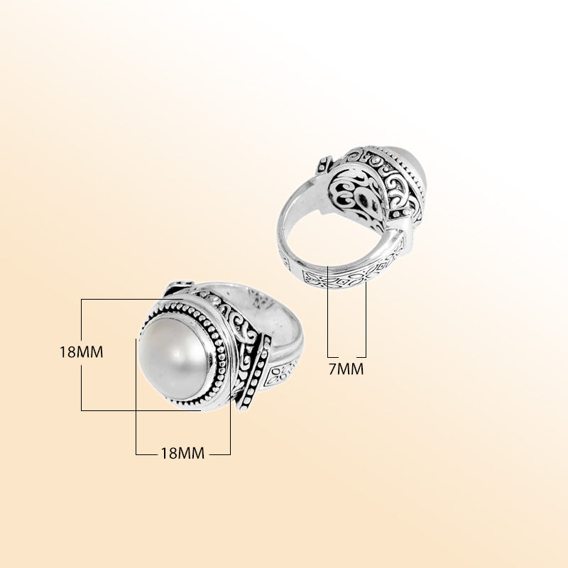 Sterling Silver Ring With Mother Of Pearl Round Cabochon & Balinese Beaded Design Handcrafted In Bali