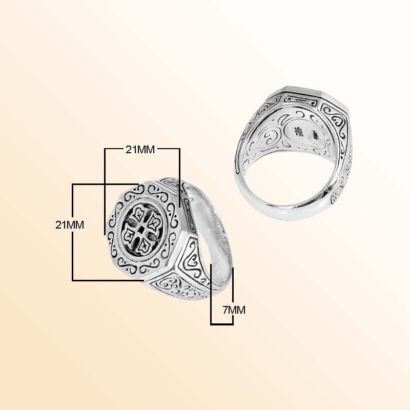 Sterling Silver Ring With Hexagonal Signet Engraved Cross & Balinese Scroll Design Handcrafted In Bali