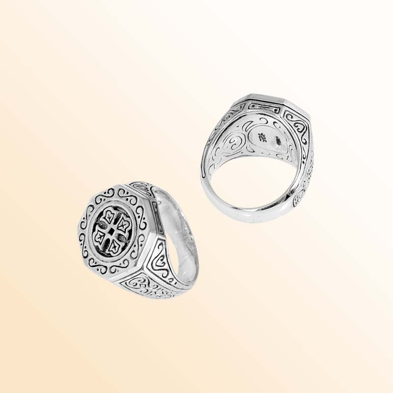 Sterling Silver Ring With Hexagonal Signet Engraved Cross & Balinese Scroll Design Handcrafted In Bali