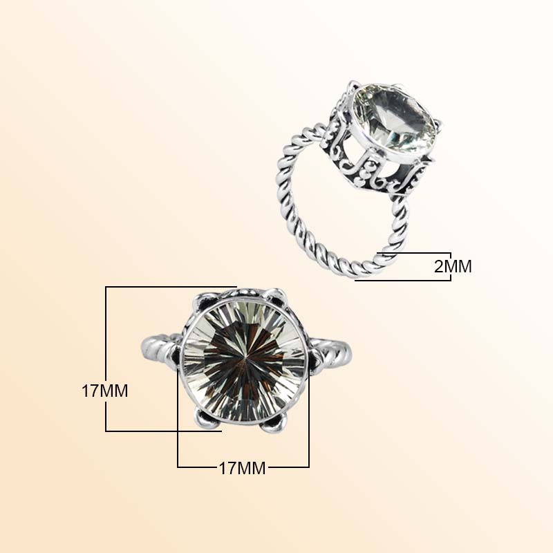 Sterling Silver Ring With Green Amethyst Quartz & Twisted Rope Band Crown Setting Handcrafted In Bali