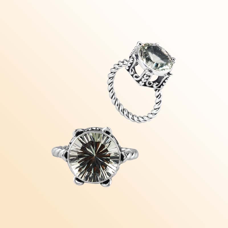Sterling Silver Ring With Green Amethyst Quartz & Twisted Rope Band Crown Setting Handcrafted In Bali