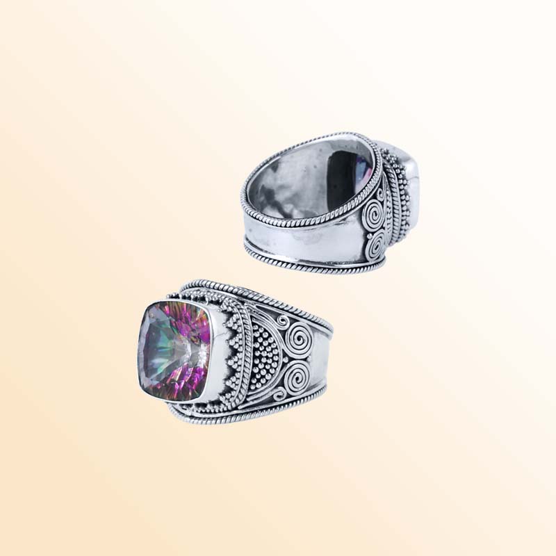 Sterling Silver Ring With Mystic  Quartz & Handcrafted Balinese Swirl Design