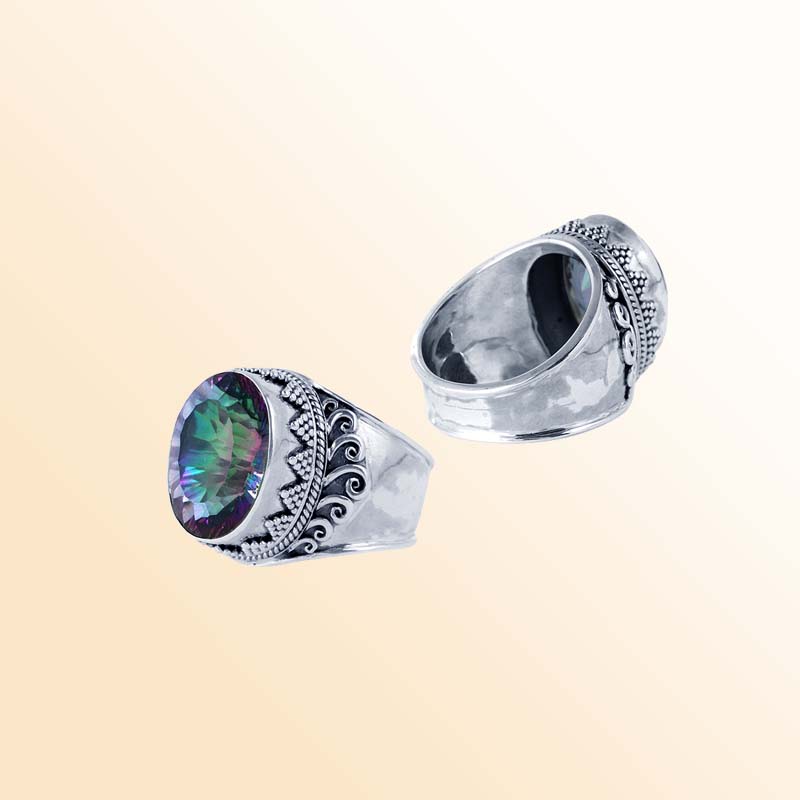 Sterling Silver Ring With Mystic Quartz And Balinese Bead Swirl Handcrafted Design