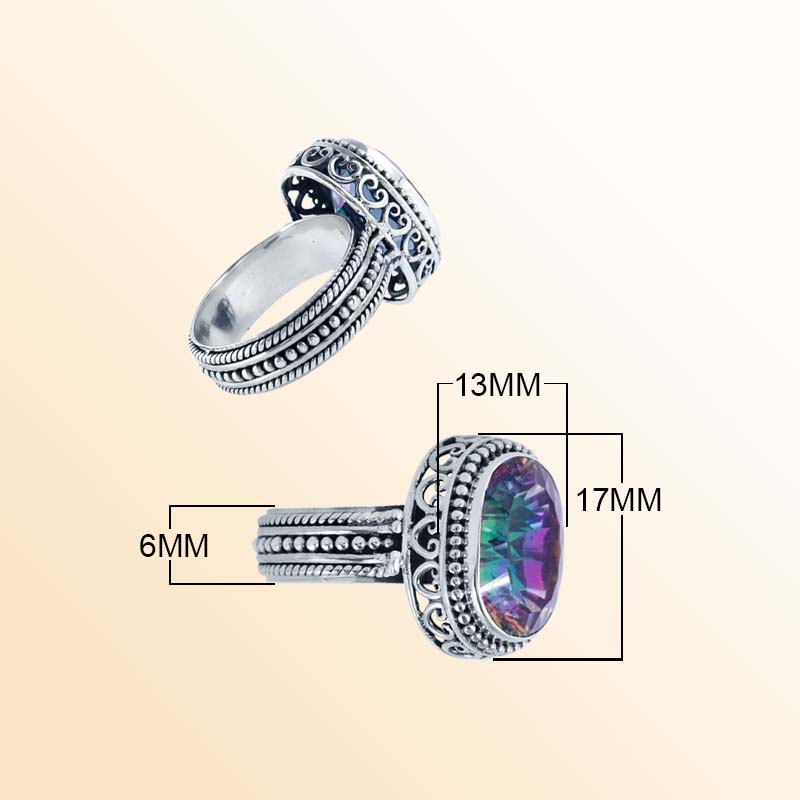 Sterling Silver Ring With Mystic Quartz And Handcrafted Balinese Filigree Design