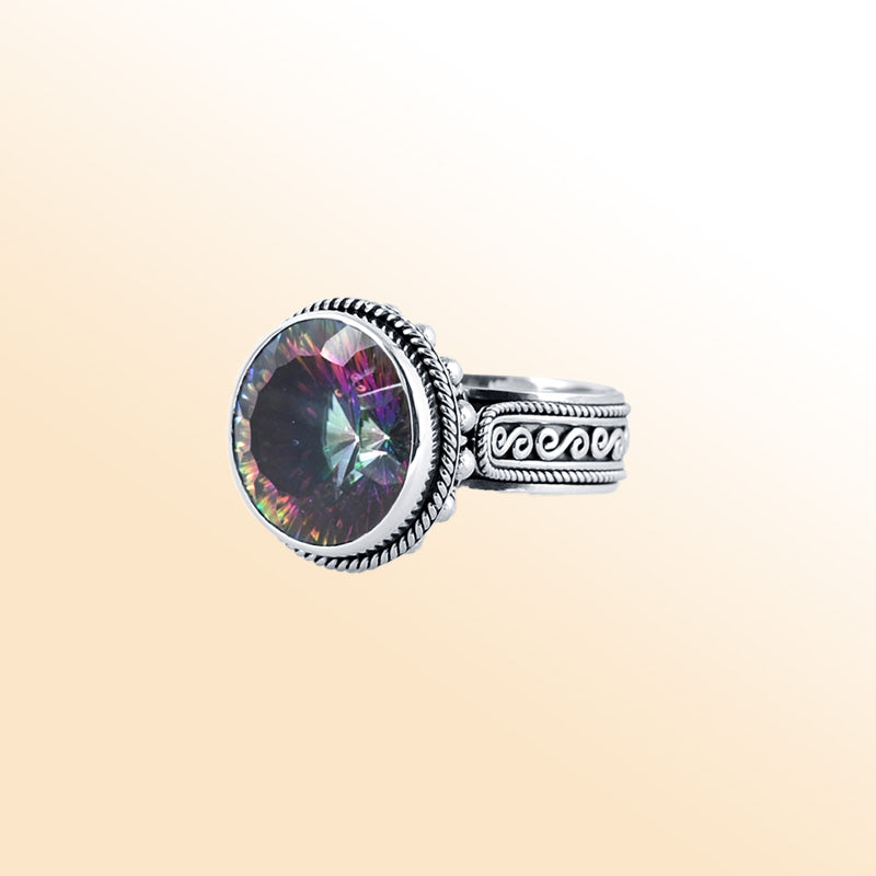 Sterling Silver Ring With Mystic Quartz And Balinese Rope Swirl Handcrafted Design