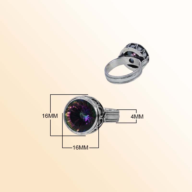 Sterling Silver Mystic Quartz Round Ring With Rope Band, Antique Oxidized Finish, Handcrafted In Bali