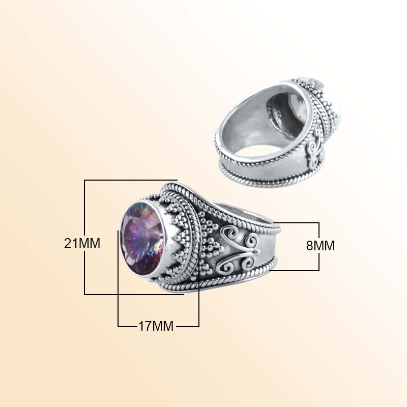 Sterling Silver Mystic Quartz Round Ring With Ornate Band, Antique Oxidized Finish, Handcrafted In Bali