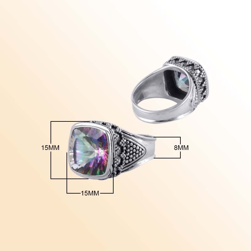 Sterling Silver Mystic Quartz Cushion Ring With Granulated Detailing, Antique Oxidized Finish, Handcrafted In Bali