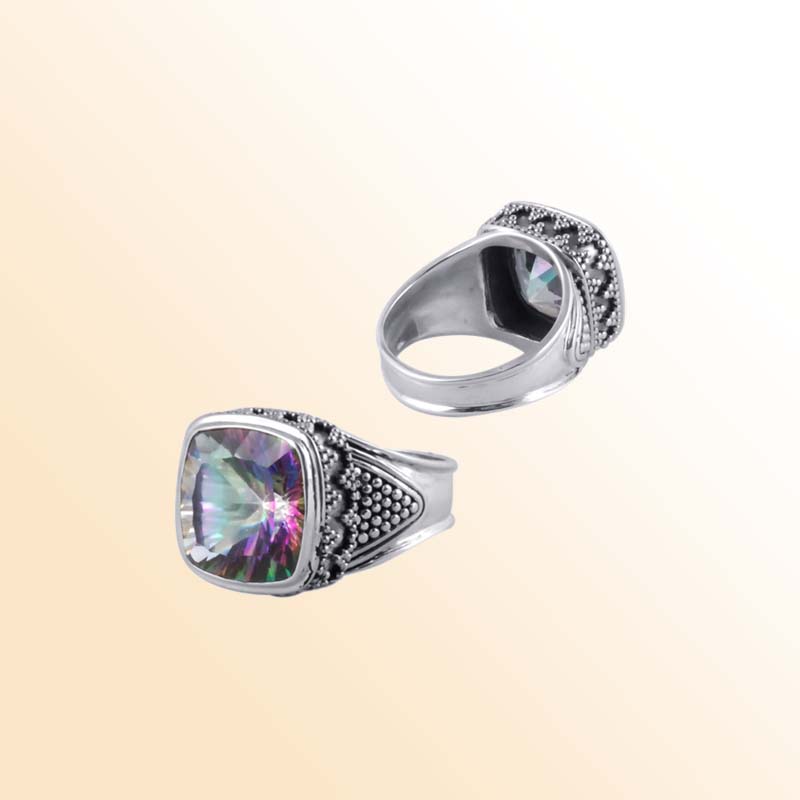 Sterling Silver Mystic Quartz Cushion Ring With Granulated Detailing, Antique Oxidized Finish, Handcrafted In Bali