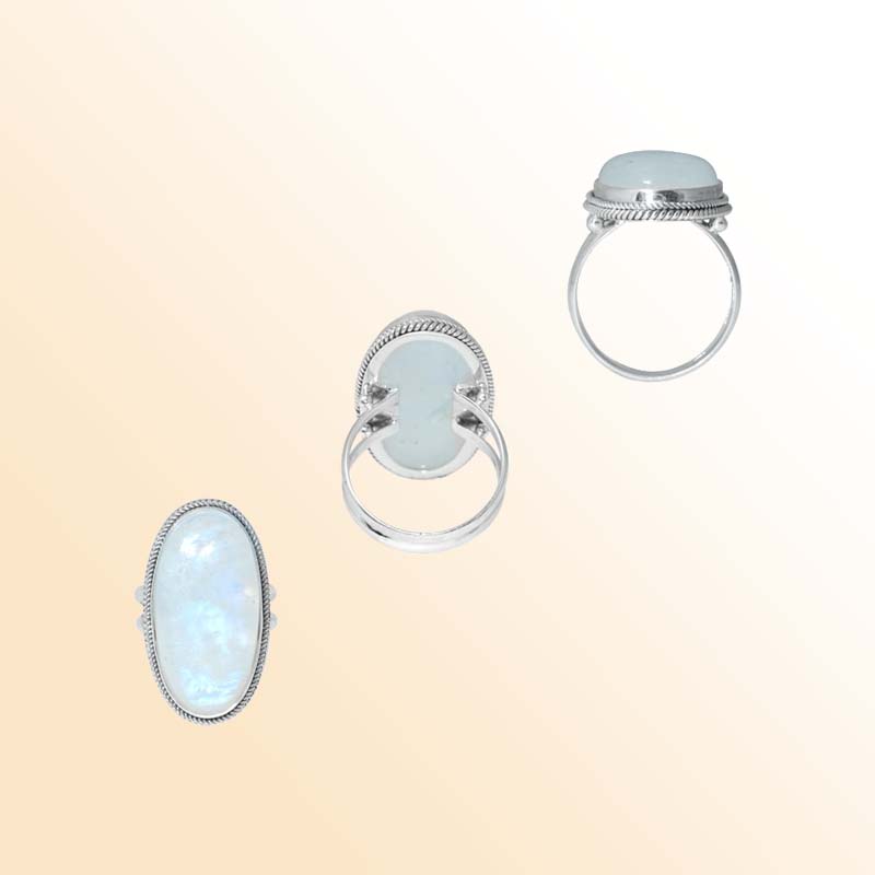 Sterling Silver Ring With Rainbow Moonstone, Oval Rope Design, Antique Oxidized Finish, Handcrafted In Bali