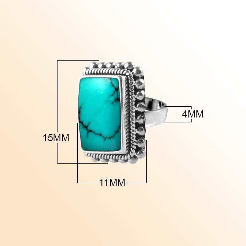 Sterling Silver Turquoise Shell Rectangle Ring With Beaded Border, Antique Oxidized Finish, Handcrafted In Bali