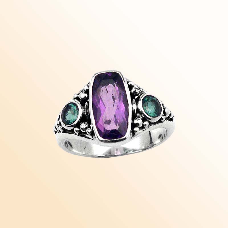 Sterling Silver Ring With Amethyst And Green Quartz, Beaded Dual Stone Design, Antique Oxidized Finish, Handcrafted In Bali