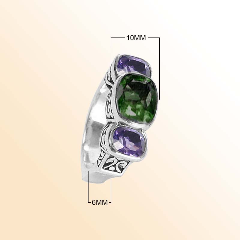 Sterling Silver Ring With Green And Amethyst Quartz, Triple Stone Design, Antique Oxidized Finish, Handcrafted In Bali