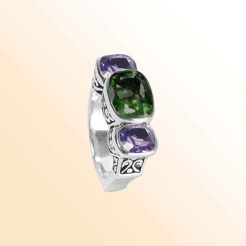 Sterling Silver Ring With Green And Amethyst Quartz, Triple Stone Design, Antique Oxidized Finish, Handcrafted In Bali