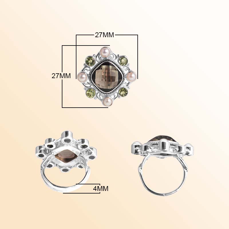 Sterling Silver Ring With Smoky Quartz, Peridot Quartz, And Pearl, Cluster Design, Antique Oxidized Finish, Handcrafted In Bali