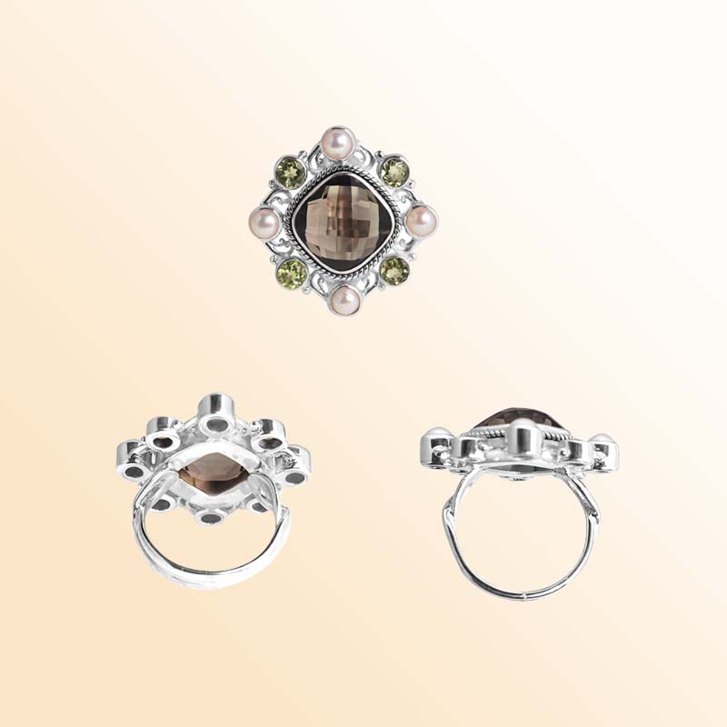 Sterling Silver Ring With Smoky Quartz, Peridot Quartz, And Pearl, Cluster Design, Antique Oxidized Finish, Handcrafted In Bali