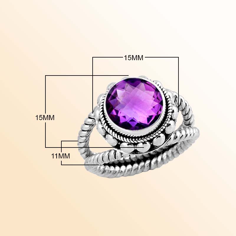 Sterling Silver Ring With Amethyst Quartz, Twisted Rope Band Design, Antique Oxidized Finish, Handcrafted In Bali