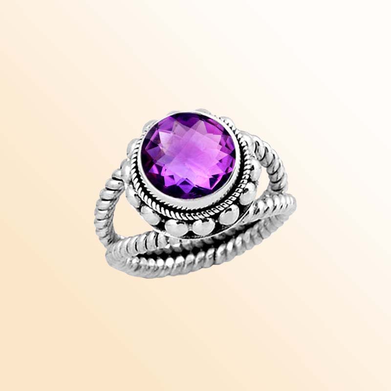 Sterling Silver Ring With Amethyst Quartz, Twisted Rope Band Design, Antique Oxidized Finish, Handcrafted In Bali
