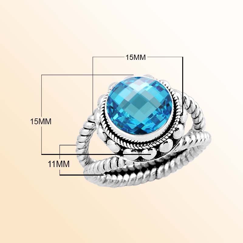 Sterling Silver Ring With Blue Topaz Quartz, Twisted Rope Band Design, Antique Oxidized Finish, Handcrafted In Bali
