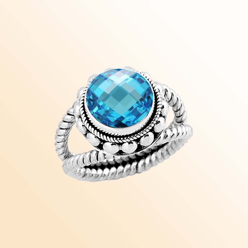 Sterling Silver Ring With Blue Topaz Quartz, Twisted Rope Band Design, Antique Oxidized Finish, Handcrafted In Bali