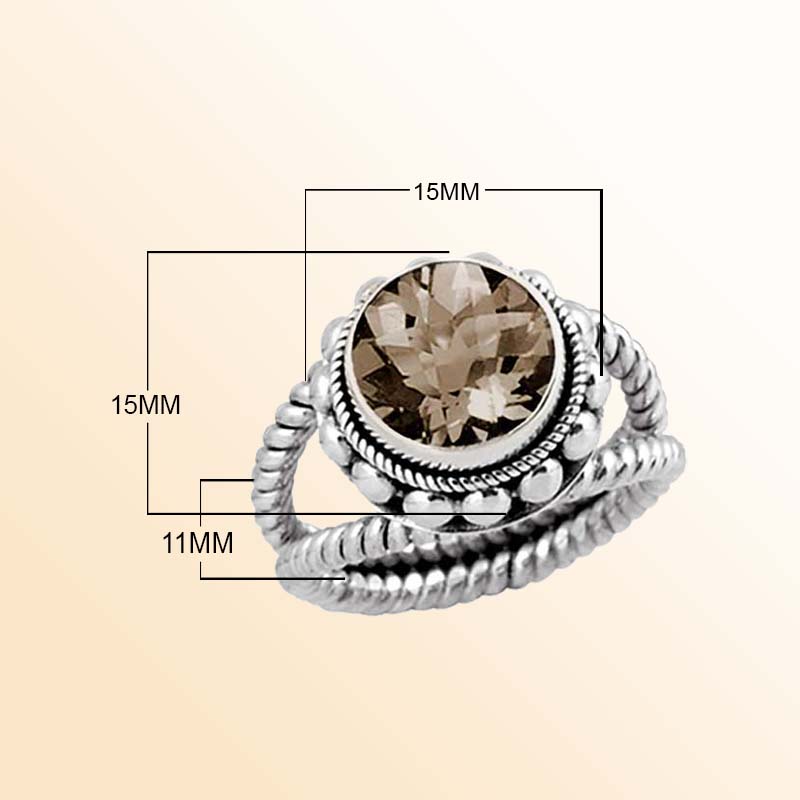 Sterling Silver Ring With Smoky Quartz, Twisted Rope Band Design, Antique Oxidized Finish, Handcrafted In Bali