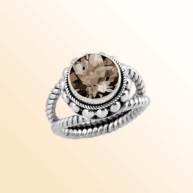 Sterling Silver Ring With Smoky Quartz, Twisted Rope Band Design, Antique Oxidized Finish, Handcrafted In Bali