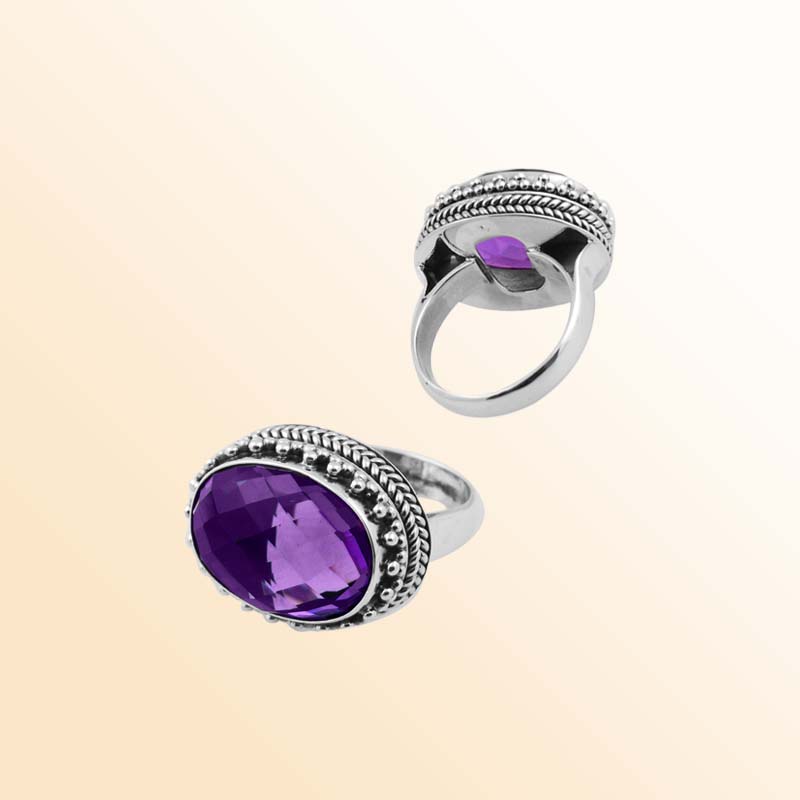 Sterling Silver Ring With Amethyst Quartz, Oval Beaded Design, Antique Oxidized Finish, Handcrafted In Bali