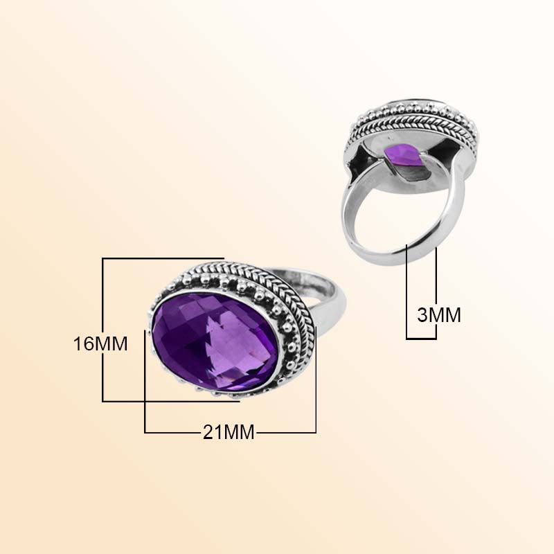 Sterling Silver Ring With Amethyst Quartz, Oval Beaded Design, Antique Oxidized Finish, Handcrafted In Bali